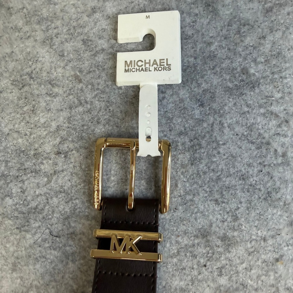 Michael Kors Womens Brown Leather Belt Gold MK Logo Buckle 558777 Size M NEW